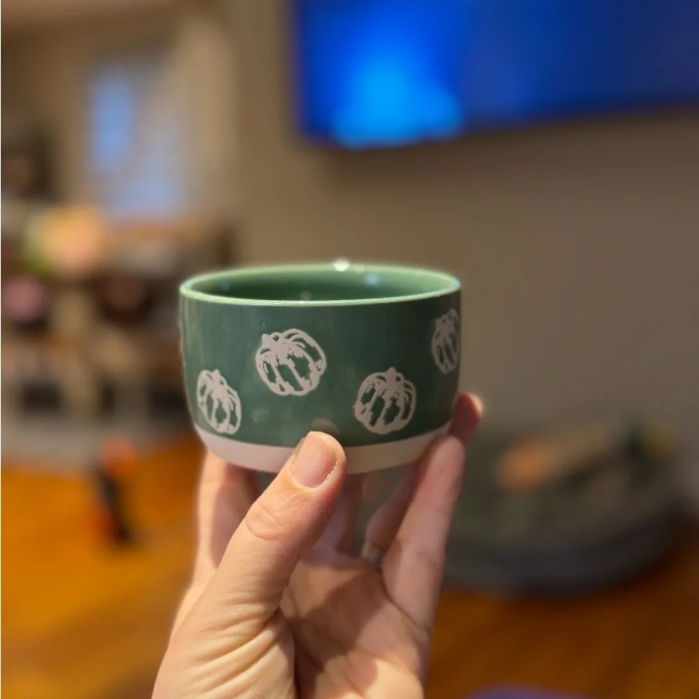 Green Ceramic Bowl with White Pumpkin Design
